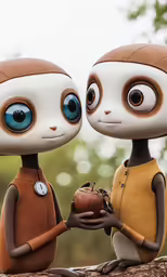 a couple of animated characters hold a tiny apple