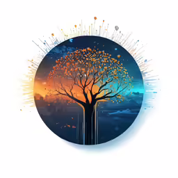a tree and the sky are shown with colorful bubbles