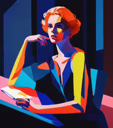 painting of a lady with red hair and blue eyes,a lady in a black top is sitting and holding a book