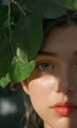 a girl with green leaves around her head