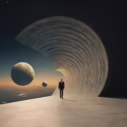 man standing in front of large, curving, gray structure
