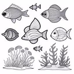 black and white drawing of different sea life
