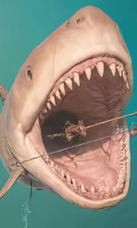 a large white shark biting at a small boat