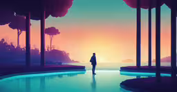 a person stands in front of a large lake as the sun sets,a person standing in the middle of a swimming pool