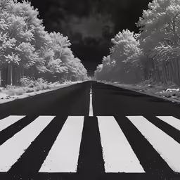 a black and white photo of a deserted road in the woods