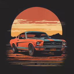 an orange muscle car in the desert at sunrise