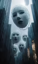 surrealistic artwork depicting an inverted faces hanging from skyscrapers