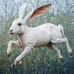 an adorable white horse with huge ears runs in the rain