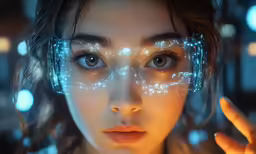 a woman in headphones standing in front of bright lights