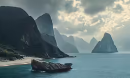 an ocean and two mountain side in the background