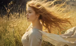 a woman with long hair flying in a grassy field