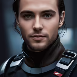 man in futuristic armor with brown hair and dark eyes