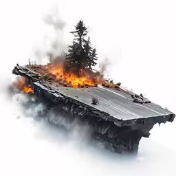 the battleship is engulfed by fire as it sits in the snow