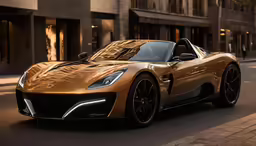 a gold chevrolet sports car in front of a store