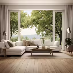 a living room with wooden floor and a white sectional sofa