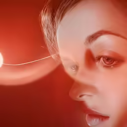 the girl is looking at the bright object in front of her