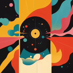 a black and white poster with different colored shapes