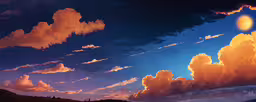 there is an artistic picture of sun peeking above some clouds,colorful clouds fill the blue sky above a mountain range