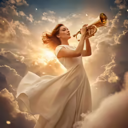 a woman in a white dress blowing her horn into the sky