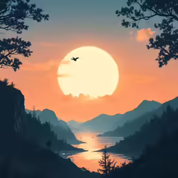a bird flying in the sky as the sun goes down