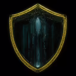a mirror sitting inside of a green and gold shield