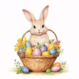 a painting of a little bunny sitting in a basket of easter eggs