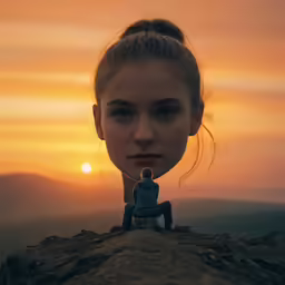 a photo of a woman sitting on the ground with an image of a man