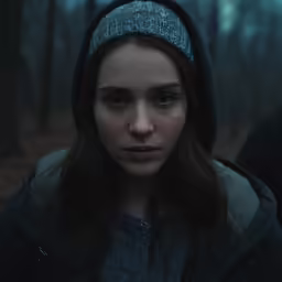 the girl with blue eyes looks intently at the camera