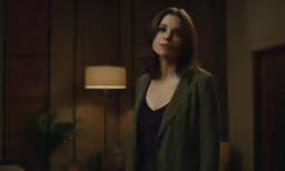 a woman wearing a dark green jacket standing in a dimly lit room
