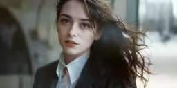 young woman with dark hair outside in sunlight
