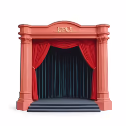 an orange and red stage with red curtains