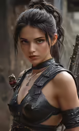 a very nice looking woman in leather with a gun