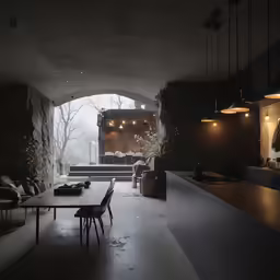 a dining area and living room with the entrance to an indoor deck