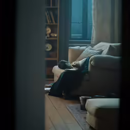 a person is sleeping on a sofa by a book shelf