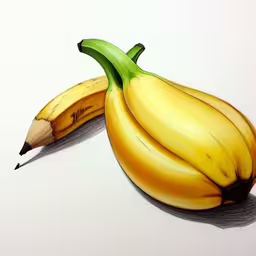 two bananas with a pencil sitting side by side,a picture with a pencil and two bananas,a drawing of two bananas with a pencil,a pencil drawing of a ripe banana,two bananas next to one another on a white surface