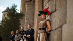 a woman leaning against a wall, with people standing by