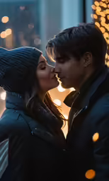 man and woman kissing outdoors with lights behind them