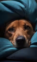 the dog is laying on the couch covered in a blue blanket