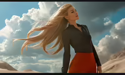 a woman in a red skirt walking across a beach