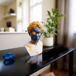 a close up of a head on a table