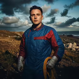 a man wearing a blue and red coverall stands next to a field