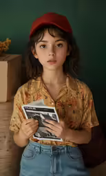 a girl is posing for a picture with a magazine in her hands