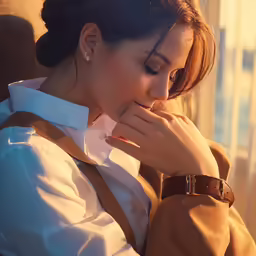 a woman sitting in a chair with her hand on her chest