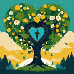 a drawing of a heart - shaped tree with the top of a man, while the middle one is holding an umbrella,a heart shaped tree with a girl on the branches
