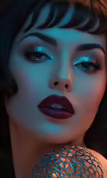 woman with a glowing mask and blue eyes