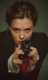 a young woman with a small camera up close