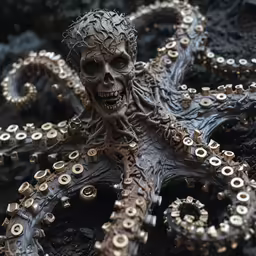 an intricately carved octopus sculpture sits on the beach