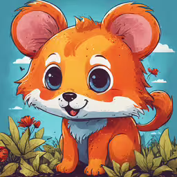 an adorable little orange fox on blue, pink and green,an orange and white illustration of a bear in grass