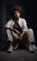 a young woman sits against a dark background