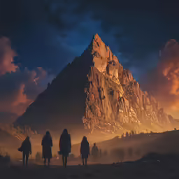 three people stand near a mountain at sunset